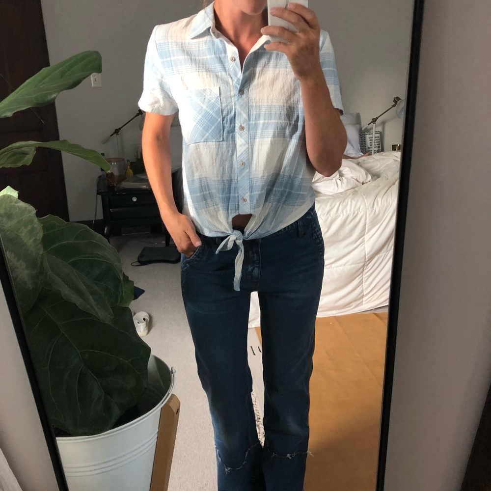 Target Tie Front Blue Check SS Button Down Sz S